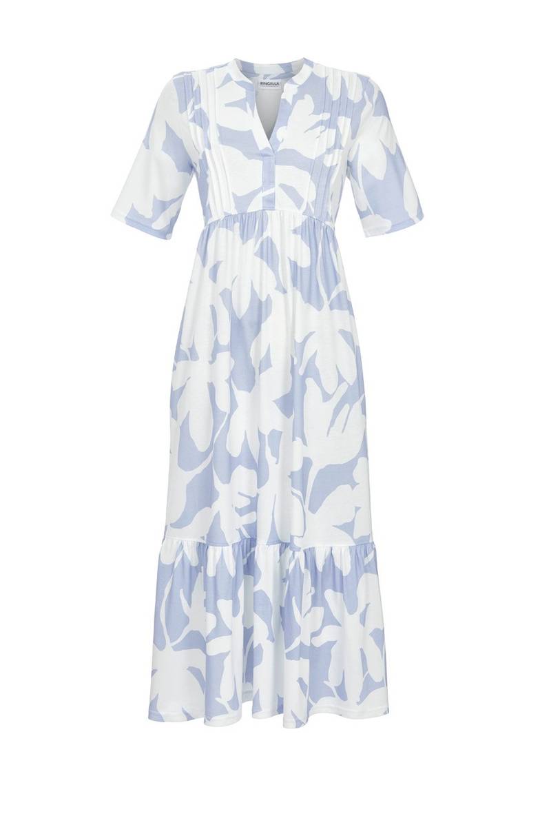 Loungekleid mit Biesen und 3/4-Arm – Blumenprint Hellblau/Weiß
