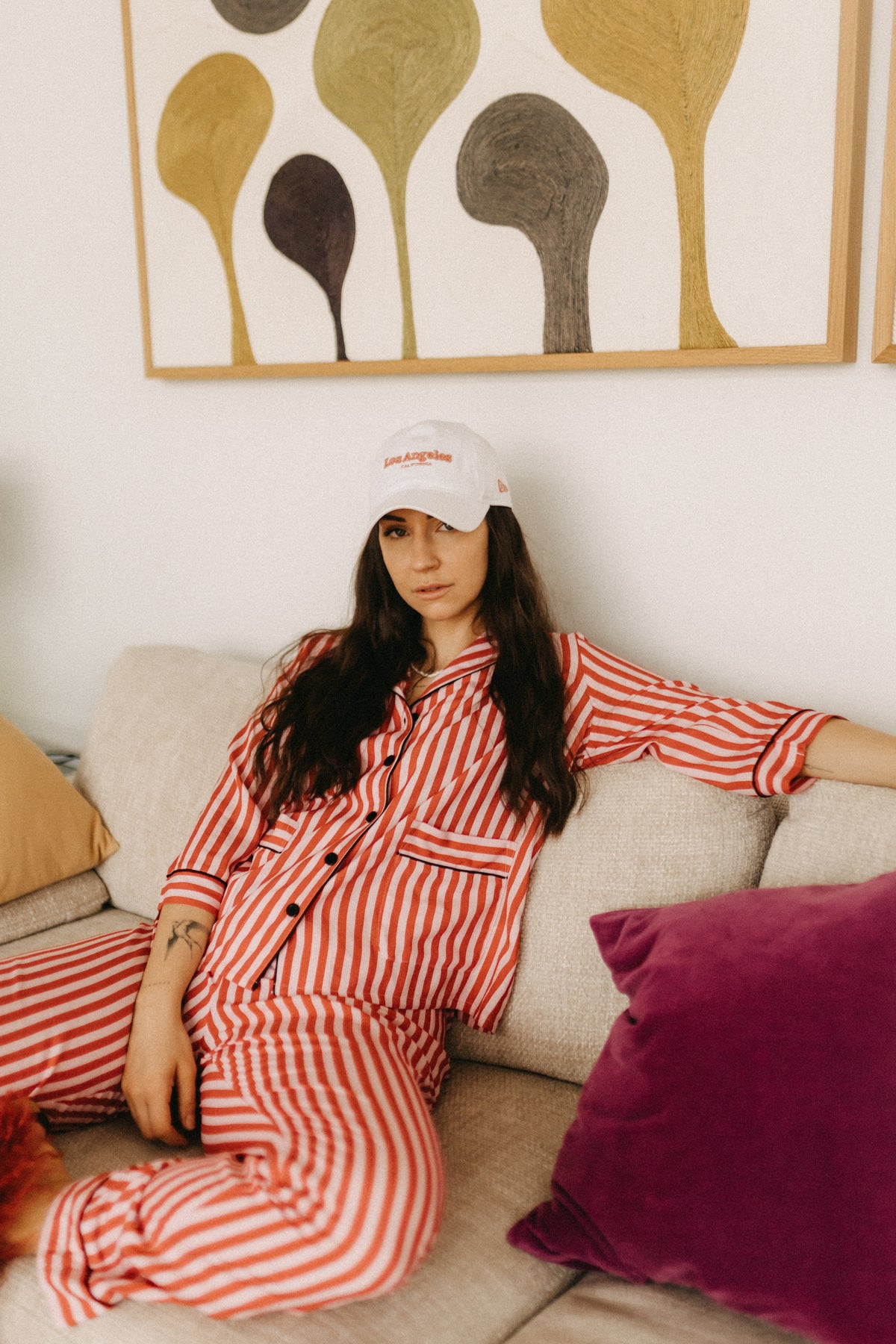 Pyjama aus feiner Webware – Streifen Rot/Creme