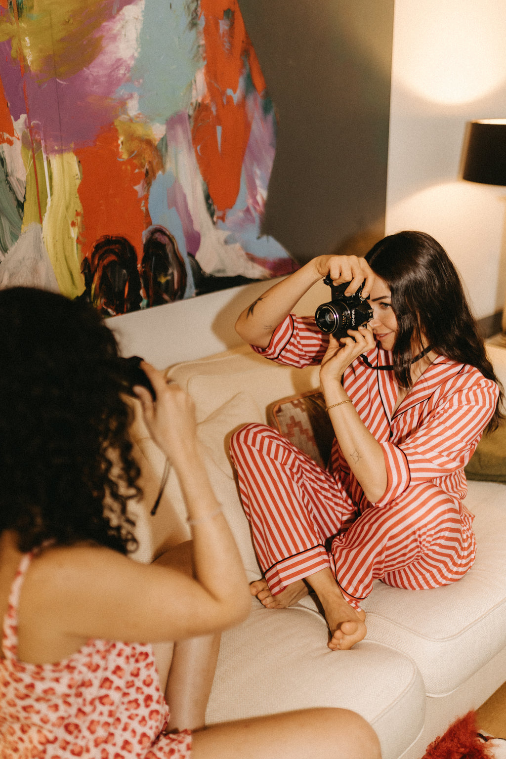 Pyjama aus feiner Webware – Streifen Rot/Creme